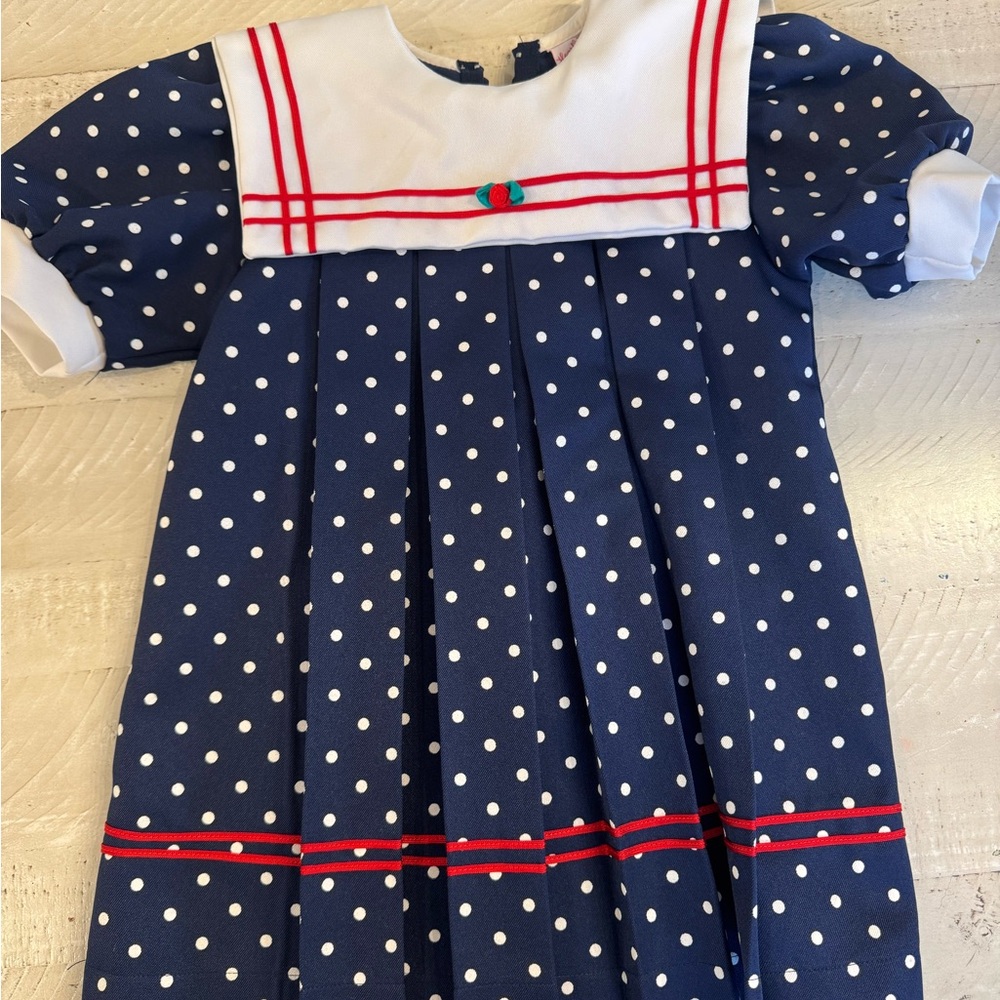 Navy Polka Dot Dress with Red Accents